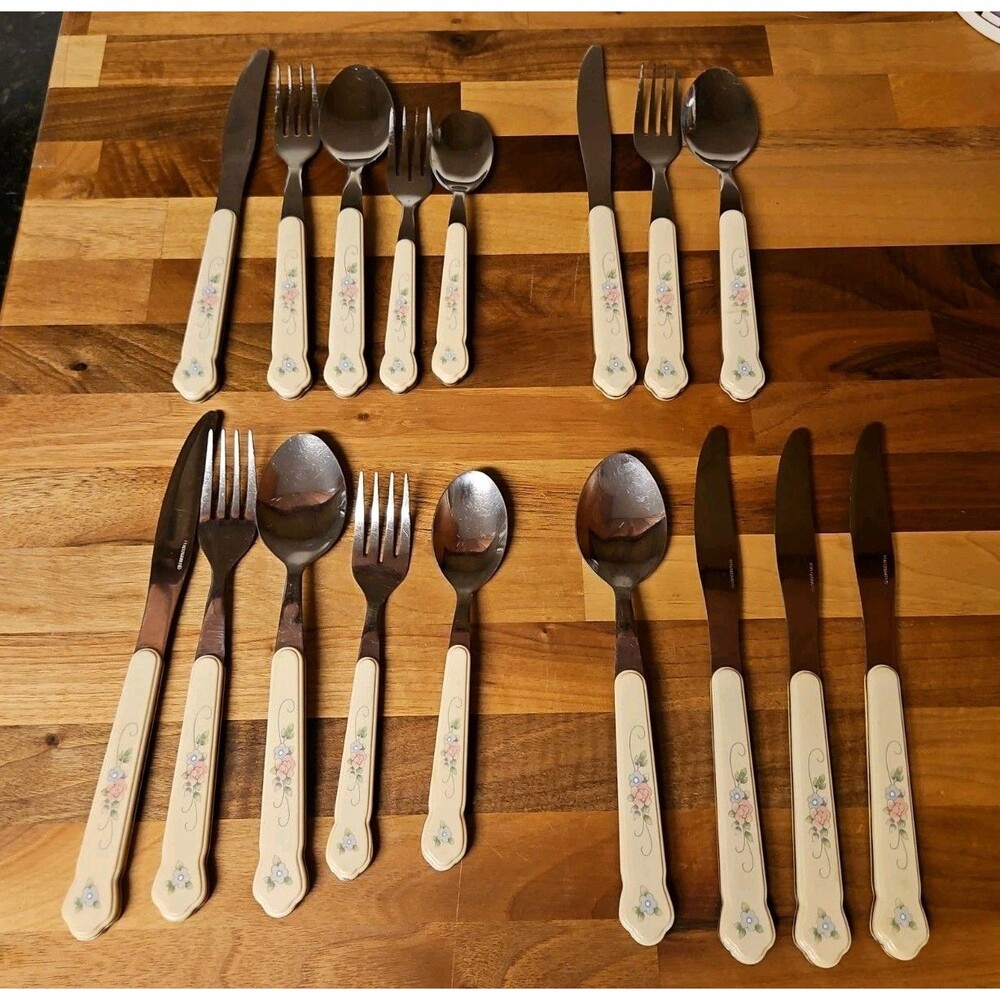 Vintage Pfaltzgraff Tea Rose Flatware Lot of 17 Pcs Stainless Silverware